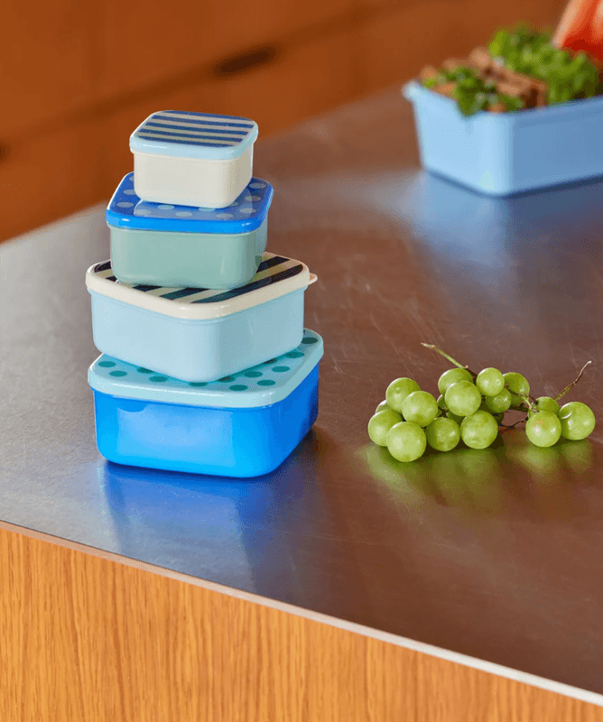 SETT MED 4 OPPBEVARINGSBOKSER – Blå – Striper og prikker – Rice