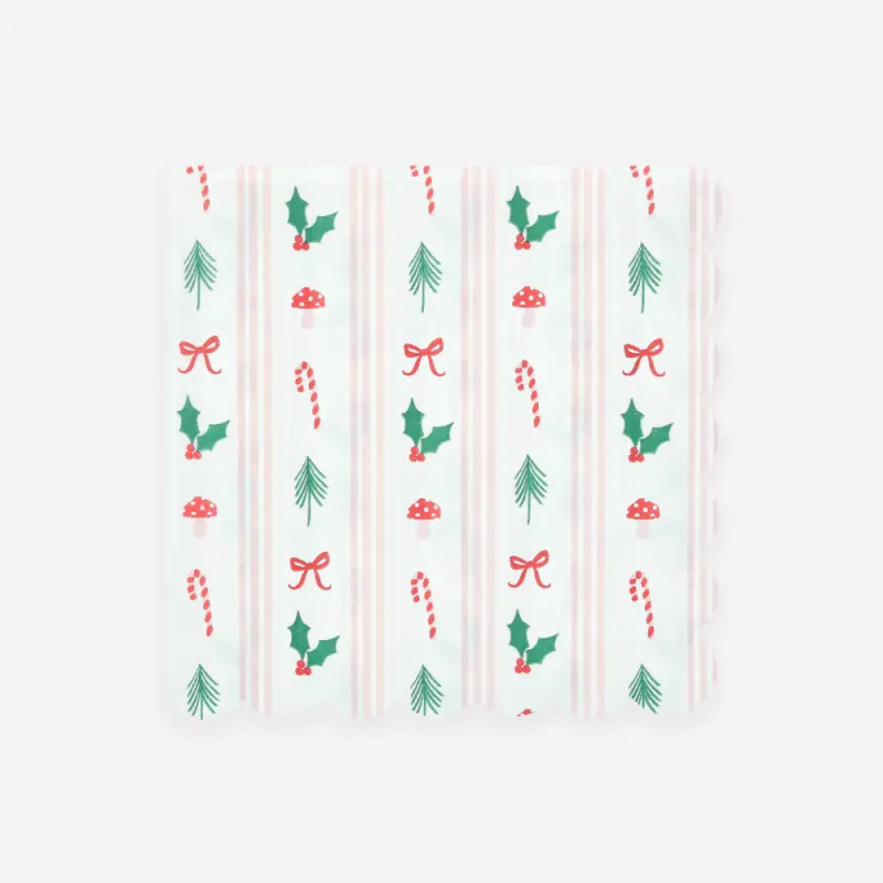 SERVIETTER – Rosa striper og søte julemotiv – 16 pk. – Meri Meri