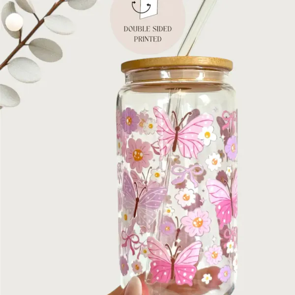 Hovedbilde DRIKKEGLASS MED LOKK OG SUGERØR – Rosa Sommerfugler ...